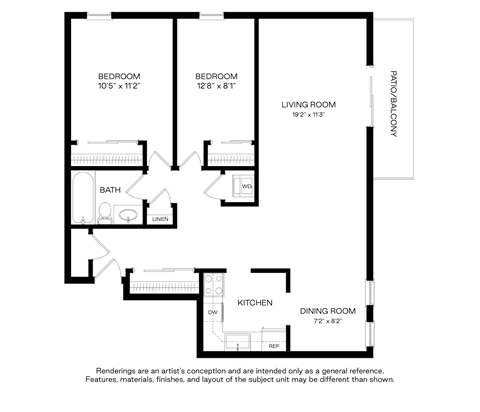 A floor plan of a house with a living room, two bedrooms, a dining room, a kitchen, a bathroom and a linen closet.